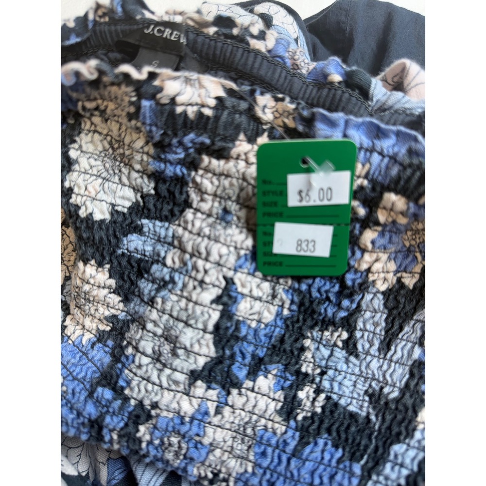 J.Crew Blue Floral Linen Smocked Puff Sleeve Midi Dress Small Square Neck-2483